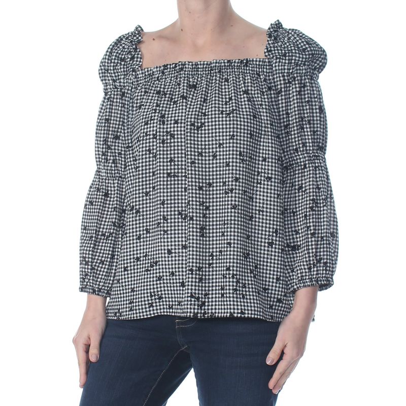Cece Womens Black Ruffled Check Long Sleeve Square Neck Peasant Top S